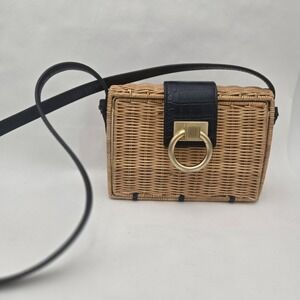 Pamela Munson Caroline Petite Isla Wicker Crossbody Bag Navy Faux Croc Leather G